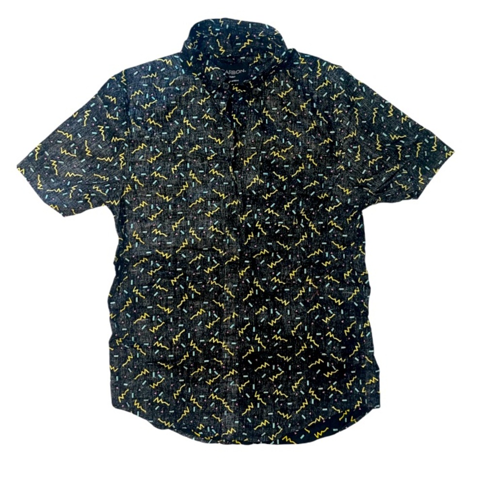 Carbon Short Sleeve Button Down Shirt Black Neon Color Retro Print Size Small